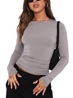 Frauen Y2k Basic Kurzarm Top Slim Fitted Baby Tee Rundhals Skim Dupe Crop Top Bluse Ästhetische Streetwear, A1-hellgrau, Small von Springcmy