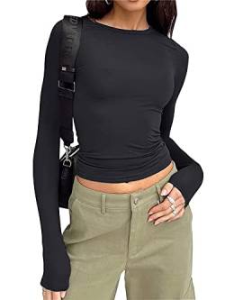 Frauen Y2k Basic Kurzarm Top Slim Fitted Baby Tee Rundhals Skim Dupe Crop Top Bluse Ästhetische Streetwear, A1-schwarz, Small von Springcmy