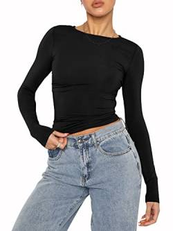 Frauen Y2k Basic Kurzarm Top Slim Fitted Baby Tee Rundhals Skim Dupe Crop Top Bluse Ästhetische Streetwear, A2-schwarz, Large von Springcmy