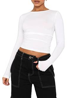 Frauen Y2k Basic Kurzarm Top Slim Fitted Baby Tee Rundhals Skim Dupe Crop Top Bluse Ästhetische Streetwear, A2-weiß, M von Springcmy