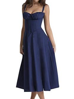 Frauen Y2k Square Neck Low Cut Ärmellos Bustier Lange Maxi Rüschen Kleid Cottagecore Spaghettiträger Sommerkleid Strandkleid, B-Marineblau, L von Springcmy