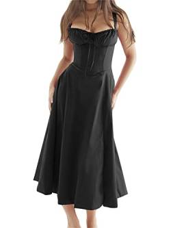 Frauen Y2k Square Neck Low Cut Ärmellos Bustier Lange Maxi Rüschen Kleid Cottagecore Spaghettiträger Sommerkleid Strandkleid, B-schwarz, L von Springcmy