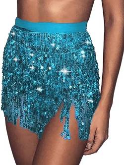 Springcmy Damen Boho Rave Rock Fransen Rock Glitzer Pailletten Quaste Rock Bauchtanz Hüftschal Rave Party Festival Outfit, A-Blau, Einheitsgröße von Springcmy