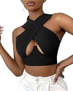 Springcmy Damen Crisscross Neckholder Tank Tops Gerüschtes Crop Ärmellos Front Wrap Backless Cami Crop Top Y2K Bustier Korsett (A-Black, 3XL) von Springcmy