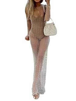Springcmy Damen-Kleid aus durchsichtigem Netzstoff, durchsichtig, mit Perlen und Strasssteinen, glitzernd, Strandkleid, Umstandskleid, Bademode, Clubwear, A-weiß, S von Springcmy