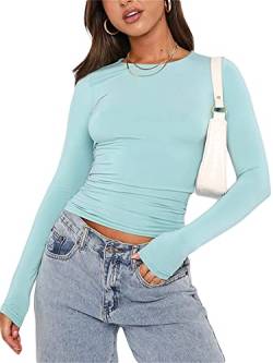 Springcmy Damen Slim Fit Basic Crop Tops Einfarbig Langarm Rundhals Cropped Tops Y2K Pullover Shirt Streetwear, A1-lake blue, M von Springcmy