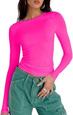Springcmy Damen Slim Fit Basic Crop Tops Einfarbig Langarm Rundhals Cropped Tops Y2K Pullover Shirt Streetwear, A1-rosa, Large von Springcmy