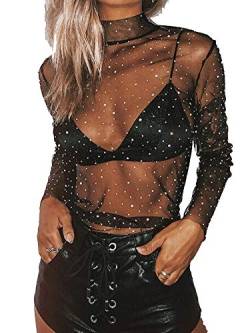 Springcmy Damen Y2K Sexy Mesh Sheer Tops Langarm Durchsichtig Slim Fishnet Slim Fit Crop Tops Strand Cover Up Party Clubwear, B-schwarz, M von Springcmy