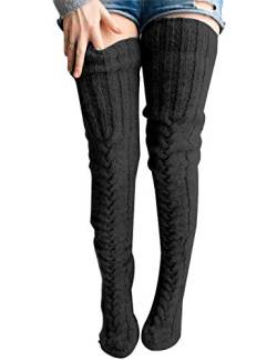 Springcmy Damen Zopfstrick Hohe Stiefelsocken Extra Lange Winter Overknee Strümpfe Beinlinge (A-Schwarz) von Springcmy