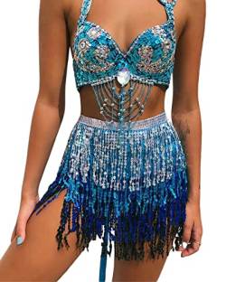 Springcmy Frauen Boho Rave Rock Fransen Rock Glitzer Pailletten Quaste Rock Bauchtanz Hüfte Schal Rave Party Festival Outfit, A-Silber, Blau, Einheitsgröße von Springcmy