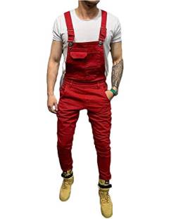 Springcmy Herren Jeanshose Latzhose Stonewash Jeans Strapse Streetwear Freizeit Overall Jumpsuits Gr. XX-Large, A Rot von Springcmy