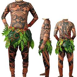 Springcmy Mens/Kids Moana Maui Tattoo T-Shirt / Hose mit Blätterrock, Halloween Erwachsene Cosplay Kostüm Familie Passende Outfits Gr. L, Mehrfarbig von Springcmy
