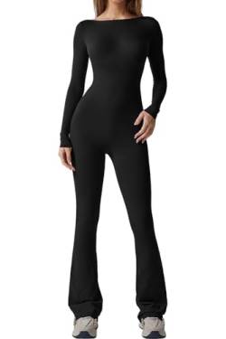 Springcmy Sexy Damen-Jumpsuit mit offenem Rücken, langärmlig, ausgestelltes Unterteil, Bodycon, Yoga, Workout, Jumpsuit, Streetwear, A-schwarz, 38 von Springcmy