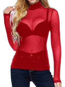 Women's Sexy Mesh Sheer Tops Long Sleeve Turtleneck Pullover Transparent Tulle Mesh Shirt von Springcmy