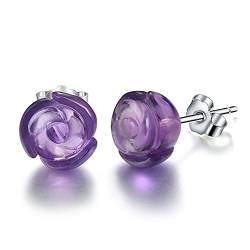 Springlight Ohrringe S925 Sterling Silber Ohrstecker Romantisch Natürlicher Quarz Amethyst Rose Blume Ohrstecker Ohrringe Geschenke für Frauen, Handgemachte Feine Schmuck Ohrringe für Damen(Purple) von Springlight