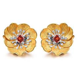 ✦ Valentinstag ✦Springlight Ohrringe 18 Karat Gold Blühende Anemone Blume Ohrstecker 925 Sterling Silber Handgemachte Personalisierter Schmuck Geschenke für Frauen.（Gold- Silver-Red） von Springlight