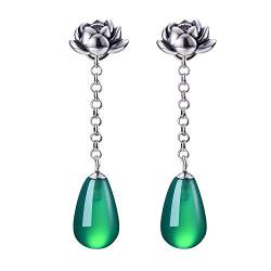 ✦ Valentinstag ✦Springlight S925 Sterling Silber Natürlicher Achat Lotus Wassertropfen Grüne Ohrringe Silber 925 Hängend Orientalischer Schmuck Geschenke für Frauen.(Altes Silber) von Springlight