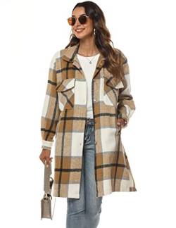 Springrain Damen Casual Plaid Wollmischung Shacket Knopf Hemd Lange Jacke Mantel, Khaki, S von Springrain