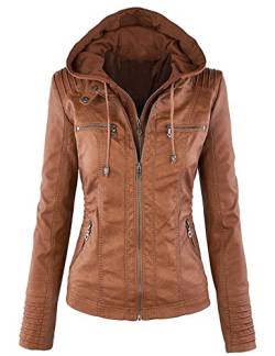 Springrain Damen Casual Stehkragen Abnehmbare Kapuze PU Leder Jacke, Braun, L von Springrain