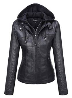 Springrain Damen Casual Stehkragen Abnehmbare Kapuze PU Leder Jacke, Schwarz, XL von Springrain