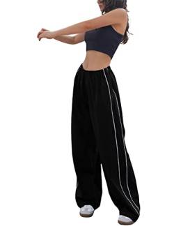 Springrain Damen Fallschirmhose Baggy Cargohose Loose Wide Leg Y2K Trainingshose Streetwear, Schwarz, S von Springrain