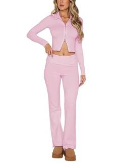 Springrain Frauen Rippstrick 2 Stück Outfits Slim Fit Reißverschluss Pullover Sets Hohe Taille Flauschige Hosen Y2K Lounge Sets, Pink, Small von Springrain