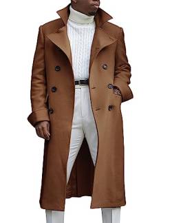 Springrain Herren Erbsenmantel Zweireihiger Mantel Revers Mantel Klassischer langer Trenchcoat, Braun, XXL von Springrain