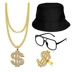 4 stücke Rapper Zubehör 80/90 Jahre Hip Hop Kostüm Kit Vergoldet Eimer Hut Sonnenbrille Gold Kette Ring für Männer Frauen Verkleiden sich von Spydge
