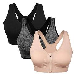 Srizgo Sport BH mit Vorderverschluss Nach der Operation tragbarer Postoperativer BH Starker Halt Sport Bra Gepolstert Ohne Bügel für Sport Fitness Yoga(Schwarz+Grau+Haut,L) von Srizgo