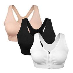 Srizgo Sport BH mit Vorderverschluss Nach der Operation tragbarer Postoperativer BH Starker Halt Sport Bra Gepolstert Ohne Bügel für Sport Fitness Yoga(Schwarz+Weiß+Haut,XL) von Srizgo