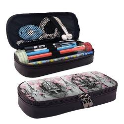 Paris Street Tower Pink Floral Pencil Case Big Capacity Pencil Pouch,Zipper Pen Bag Durable Leather Pencil Case, Schwarz , Einheitsgröße, Koffer von StOlmx