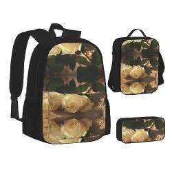 Rucksack, wasserdicht, isoliert, Lunchtasche und Federmäppchen, modisch, niedlich, Muschel, 3-teilig, Romantische Rosen, Einheitsgröße von StOlmx