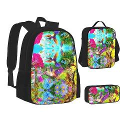 StOlmx 3-teiliges Set Rucksack, wasserdicht, Laptop, isolierte Lunchtasche und Federmäppchen, modisch, niedlich, Taipeh-Landschaft, Vögel Blumen Schmetterling, Einheitsgröße von StOlmx