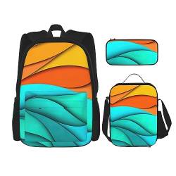 StOlmx 3-teiliges Set Rucksack, wasserdichte Büchertasche, isolierte Lunchtasche und Federmäppchen, Reisen, Wandern, Sonnenaufgang, tropische Palmeninsel-Druck, Sonnenuntergang und Sonnenaufgang mit von StOlmx