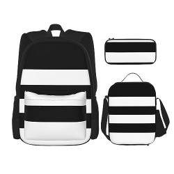 StOlmx 3-teiliges Set Rucksack, wasserdichte Büchertasche, isolierte Lunchtasche und Federmäppchen, Reisen, Wandern, Sonnenaufgang, tropische Palmeninsel-Druck, Streifen schwarz weiß, Einheitsgröße von StOlmx