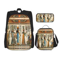 StOlmx 3-teiliges Set Rucksack, wasserdichte Büchertasche, isolierte Lunchtasche und Federmäppchen, Reisen, Wandern, buntes Elefantenmuster, Frauen im alten Ägypten, Einheitsgröße von StOlmx