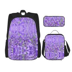 StOlmx 3-teiliges Set für Reisen, Wandern, leicht, verstellbar, isolierte Lunchtasche und Federmäppchen, violette Lavendelfarbene Blumen, violett/lavendel, Einheitsgröße von StOlmx