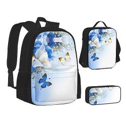 StOlmx Rucksack, wasserdicht, isoliert, Lunchtasche und Federmäppchen, modisch, niedlich, Handdruck, 3-teilig, Blumen und Schmetterling, Einheitsgröße von StOlmx