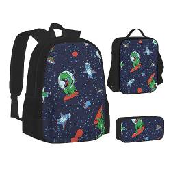 StOlmx Rucksack, wasserdicht, isoliert, Lunchtasche und Federmäppchen, modisch, niedlich, blaue Blume, tropisch, 3-teilig, Lustiger Astronauten-Dinosaurier-Rakete, Einheitsgröße von StOlmx