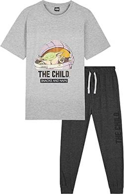 Star Wars Baby Yoda Schlafanzug Herren, The Mandalorian T Shirt und Schlafanzughose Herren Lang, Baumwolle Pyjama Herren S-3XL, Freizeitanzug Hausanzug (Grau, 3XL) von Star Wars