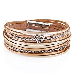 StarAppeal Armband Wickelarmband in Leder mit Herz, Kette und Magnetverschluss Silber, Damen Armband (Gold-Hellbraun) von StarAppeal