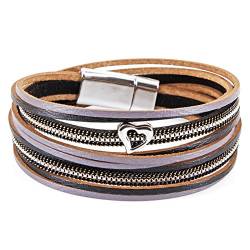 StarAppeal Armband Wickelarmband in Leder mit Herz, Kette und Magnetverschluss Silber, Damen Armband (Schwarz-Grau) von StarAppeal