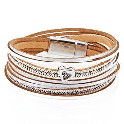 StarAppeal Armband Wickelarmband in Leder mit Herz, Kette und Magnetverschluss Silber, Damen Armband (Silber-Weiß) von StarAppeal