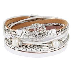 StarAppeal Armband Wickelarmband mit Perlen, Ketten, Flechtelement und Lebensbaum Anhänger, Magnetverschluss Silber, Damen Armband (Weiß) von StarAppeal