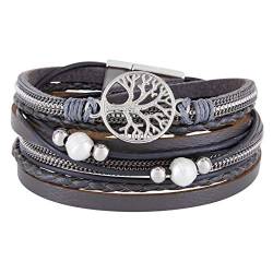 StarAppeal Wickelarmband mit Perlen, Ketten, Flechtelement und Lebensbaum Anhänger, Magnetverschluss Silber, Damen Armband (Grau) von StarAppeal