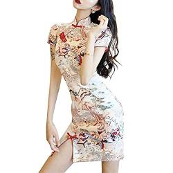 Cheongsam Cheongsam Cheongsam-Kleid, Schalkragen, Wenhua-Kragen, Seitenschlitz, Minikleid, Farbe: Weiß, Mittel von StarDY
