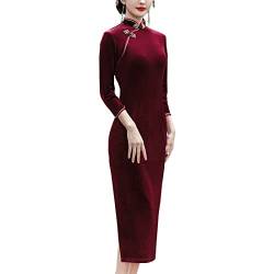 Chinesisches traditionelles Velours-Cheongsam-Maxikleid für Damen, langärmelig, Seitenschlitz, schmale Passform, Qipao Partykleid, weinrot, Groß von StarDY