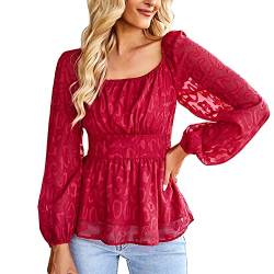Damen Frauen Langarm Bluse Rüschen Elegant Quadratischer Ausschnitt Spitze Tops Casual Shirts, rot, Small von StarTreene