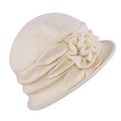 StarTreene 1920s Retro Hut Damen Winterhut Vintage Wollhut Blume Form Filzhut Fedorahüte Glockenhut Bowler Hut Melone Hut 58cm Beige von StarTreene