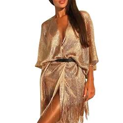 StarTreene Damen Cardigan Sommer Strandkleid Bikini Cover Up Transparent Oversized Strandponcho Bademode Gold OneSize von StarTreene